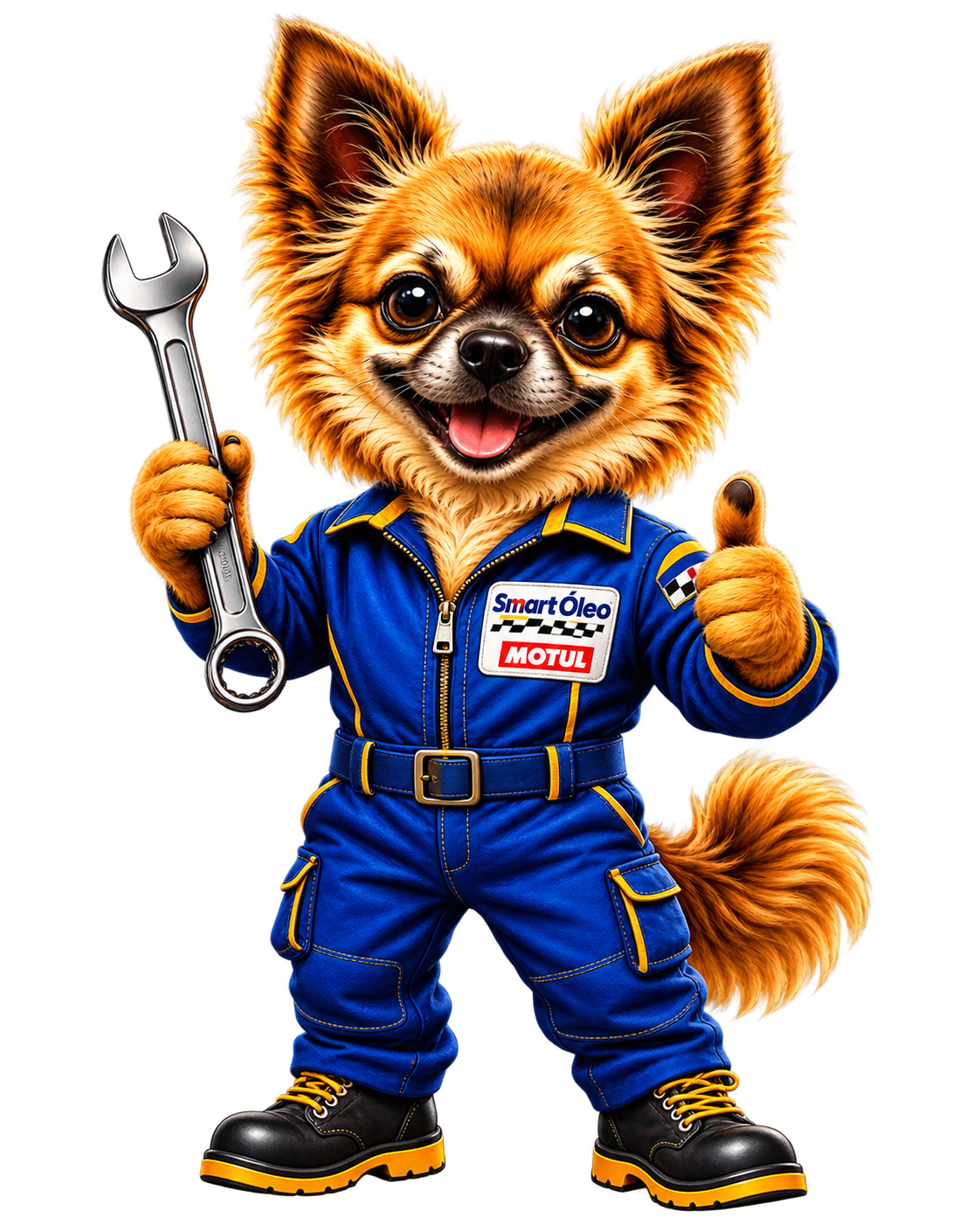 Mascote da Smart Óleo com uniforme azul e chave de manutenção